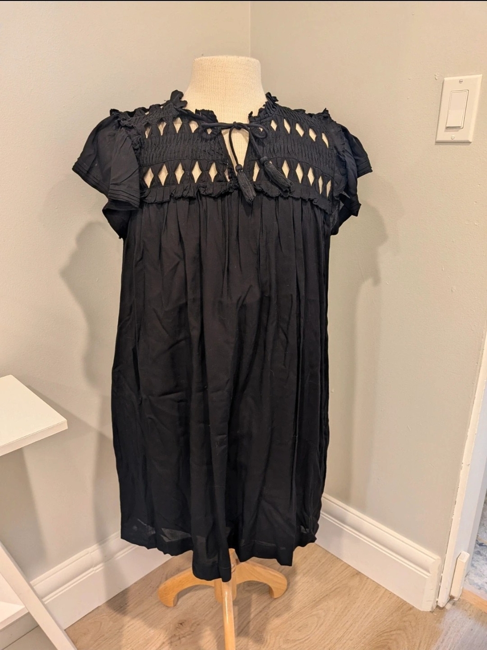 Dear John Black Short Sleeve Cutout Yoke Mini Dress